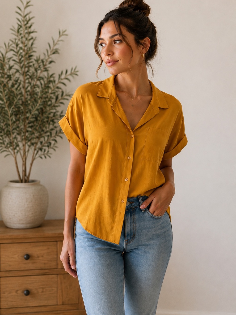 Mustard Short Sleeve Button Front Women's Top